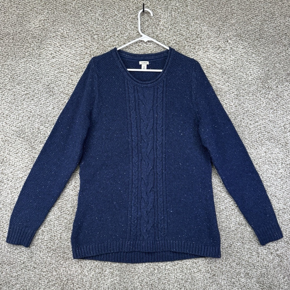 LL Bean Cable Knit Sweater Women's XL Speckled Blue Cotton Blend 290395 Crewneck - Picture 1 of 15
